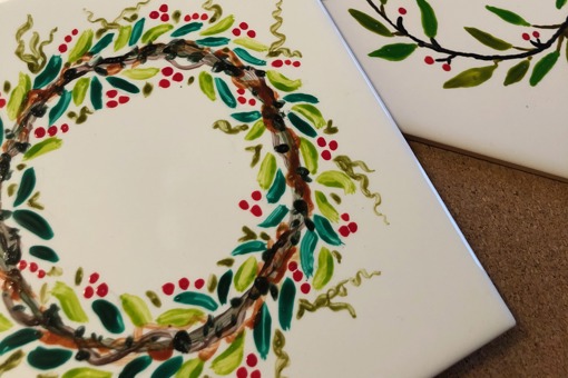 hand painted Christmas tiles by Sue Salter