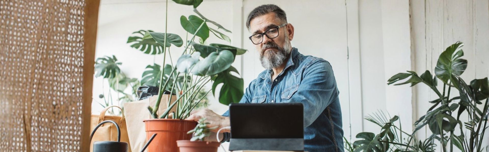 A man tending to some plants while looking at a laptop with a concerned expression on his face.