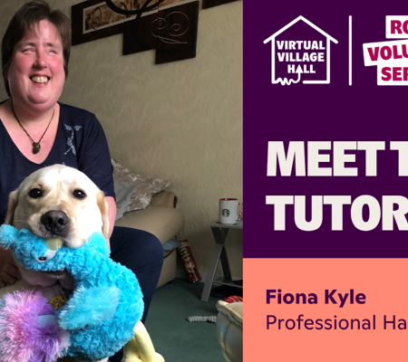Text reads, " Meet The Tutor, Fiona Kyle - Professional harpist" with a photo of Fiona smiling, and her guide dog Gus holding a blue and pink fluffy toy in his mouth.