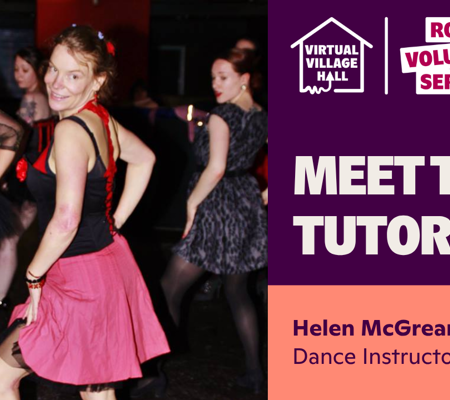 Text reads, "Meet The Tutor Helen McGreary, Dance Instructor" over an image of Helen smiling and dancing with a group of women.