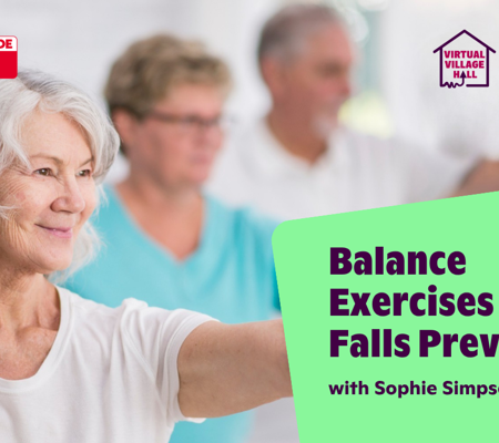 Text reads, "Balance Exercises For Falls Prevention with Sophie Simpson" over the main image at the top of this page.