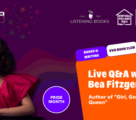 Text reads, "Live Q&A With Bea Fitzgerald with Listening Books - Pride Month. Author of Girl, Goddess, Queen " over a headshot image of Bead wearing a pink dress, looking off to the side.