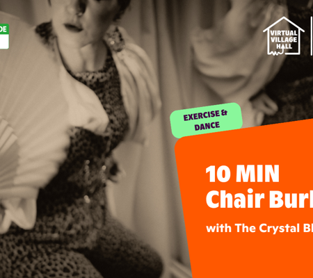 Text reads, "Mindspace Week - 10 MIN Chair Burlesque with The Crystal Blossom Sisters" over a black and white image of a woman taking part in a chair burlesque class holding a fan.