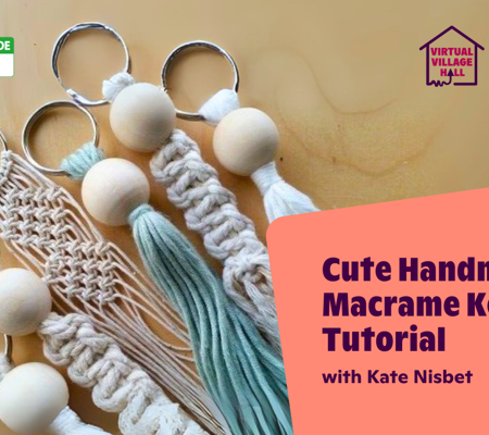 Text reads, "Cute Handmade Macrame Keychain Tutorial with Kate Nisbet" over the main image at the top of this page.