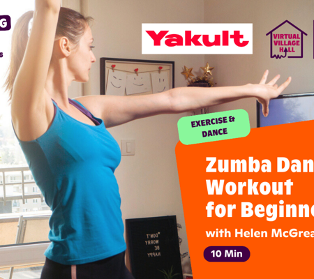 Text reads, "Zumba Dance Workout For Beginners with Helen McGreary - Get Moving Week" over the main image at the top of this page.