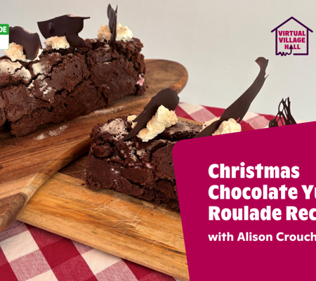 Text reads, "Christmas Chocolate Yule Log Roulade Recipe with Alison Crouch" over the main image at the top of this page.