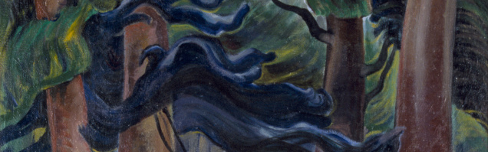 Main image: "Among the Firs" by Canadian artist Emily Carr - an expressive painting of fir tress, with greens, browns and blues.