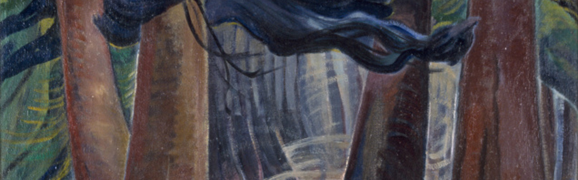 Main image: "Among the Firs" by Canadian artist Emily Carr - an expressive painting of fir tress, with greens, browns and blues.