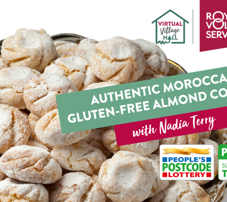 Text reads, "Authentic Moroccan Gluten-Free Almond Cookies with Nadia Terry. Over the main image at the top of this page.
