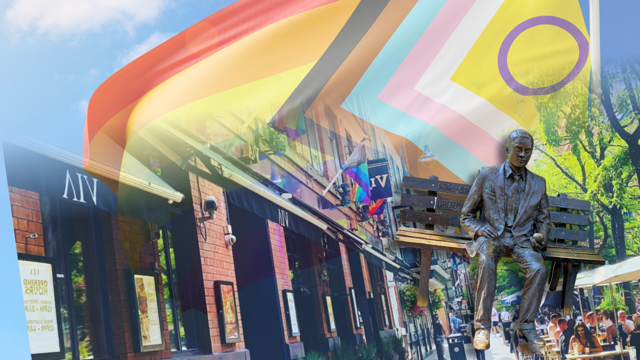 Main image: the Alan Turing memorial statue in Manchester City centre, with the pride and progress LGBT+ flags. 