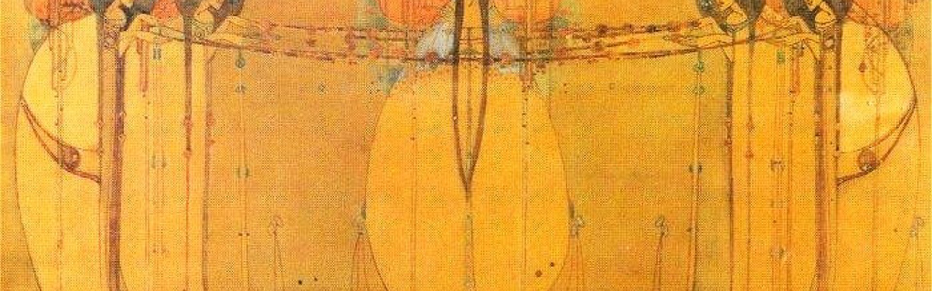 Main image: "The May Queen" (1900), an iconic Art Nouveau painting and gesso panel by British artist Margaret Macdonald Mackintosh. An elongated, panoramic Art Nouveau painting featuring five stylized, slender female figures in flowing yellow gowns.  