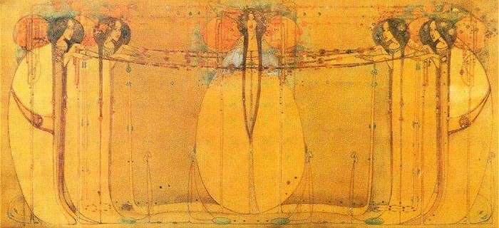 Main image: "The May Queen" (1900), an iconic Art Nouveau painting and gesso panel by British artist Margaret Macdonald Mackintosh. An elongated, panoramic Art Nouveau painting featuring five stylized, slender female figures in flowing yellow gowns.  