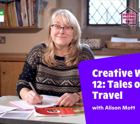 Text reads, "Creative writing 12: Tales of Travel with Alison Mott" Over a photo of Alison sat smiling, writing a book.