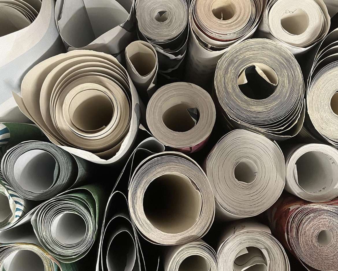 Main image: a photo of rolls of wallpaper from above, used to makeover an old lampshade. 