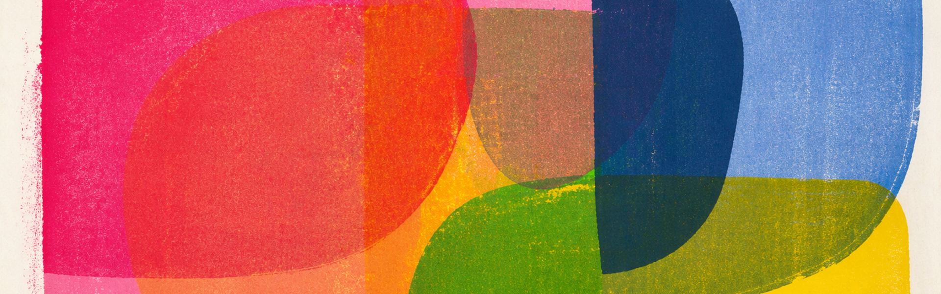 Main image: an abstract screen print made using tights and an embroidery hoop. Simple shapes n bright colours, red, blue, yellow, green pink, purple. 