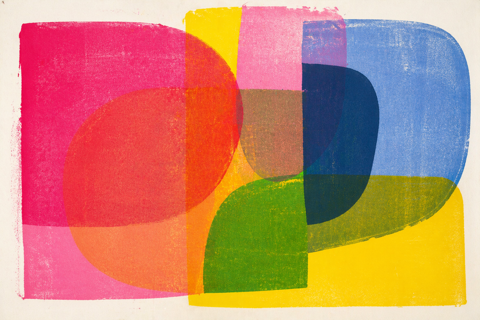 Main image: an abstract screen print made using tights and an embroidery hoop. Simple shapes n bright colours, red, blue, yellow, green pink, purple. 