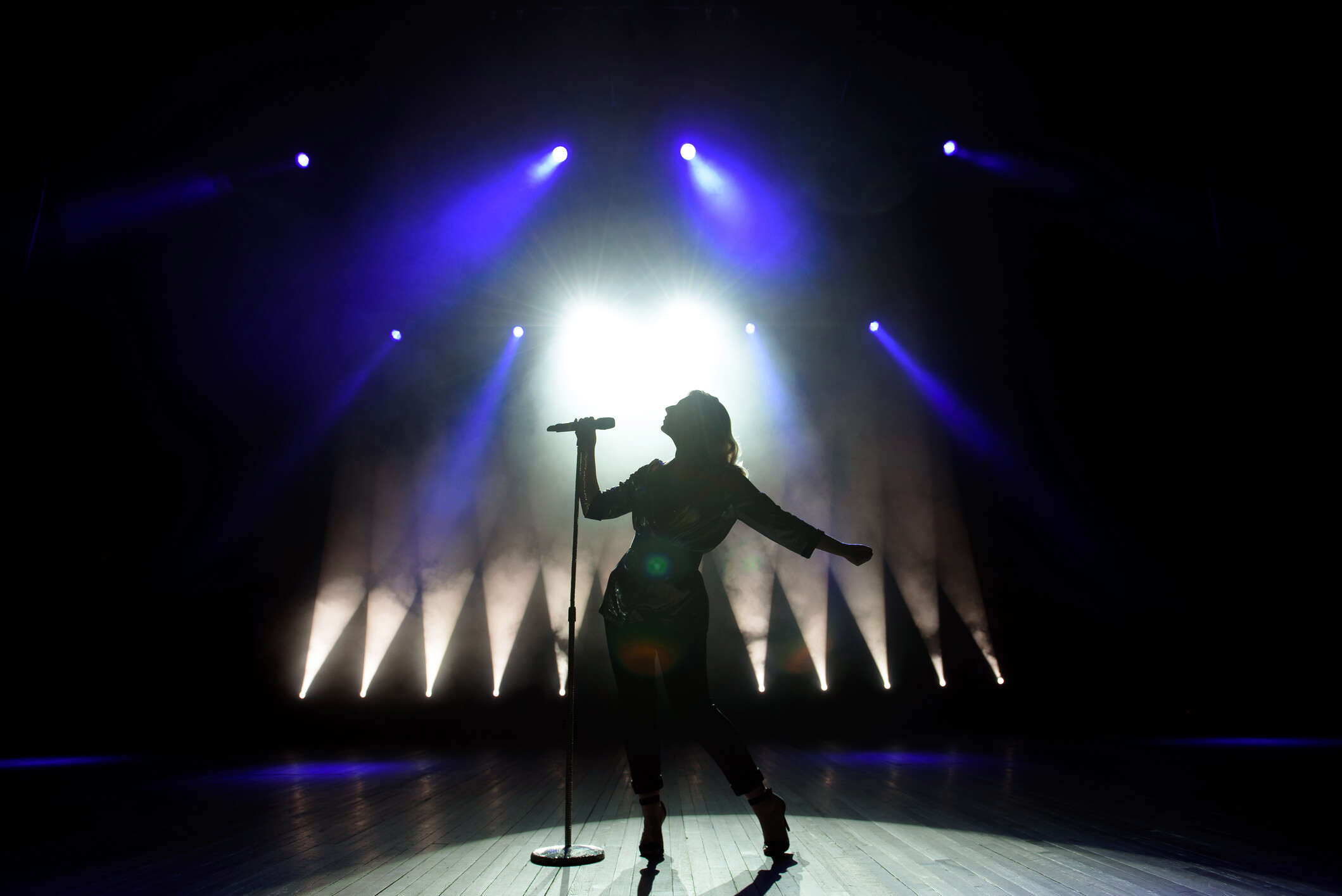 a silhouette of a performer singing into a microphone on stage