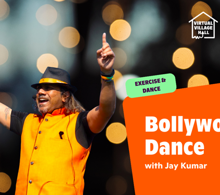 Text reads, "Bollywood Dance with Jay Kumar" over an image of Jay smiling with his hands in the air.