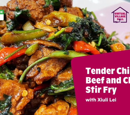 Text reads, "Tender Chinese Beef and Chilli Stir Fry with Xiuli Lei" over an up close image of a tender Chinese beef and chilli stir fry.