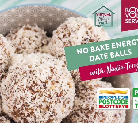 Text reads, "No Bake Energy Date Balls with Nadia terry" on a background image of No Bake Date Energy Balls in a bowl on a white and green striped table cloth.