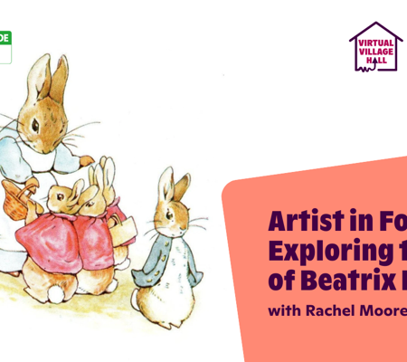 Text reads, "Artist In Focus Exploring The Art Of Beatrix Potter with Rachel Moore" over the main image at the top of this page.