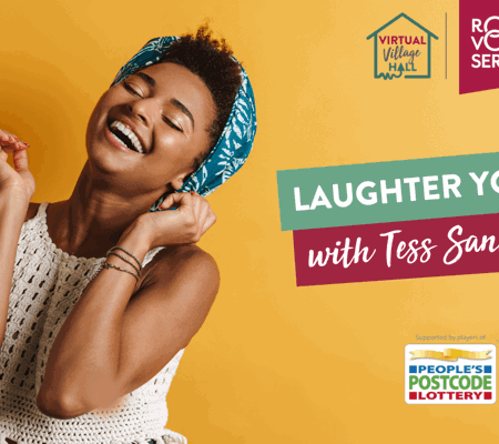 a woman laughing on a yellow background