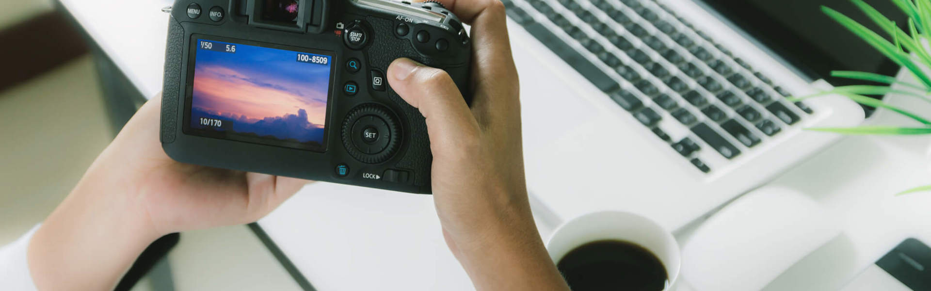 a person sat a work desk looking at a picture on a DSLR camera